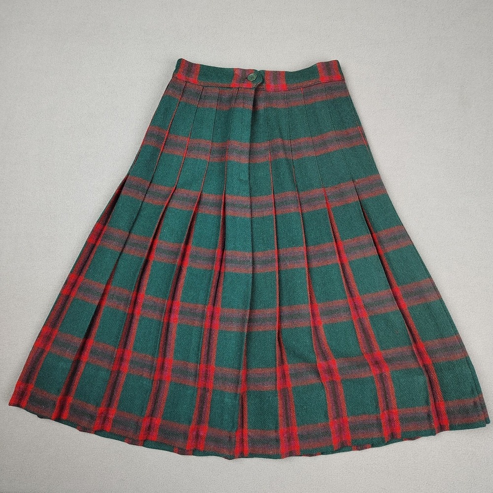 Vintage 50s 60s Wool Pleated Plaid‎ Skirt Women 2 Red Green Turnabout Prairie